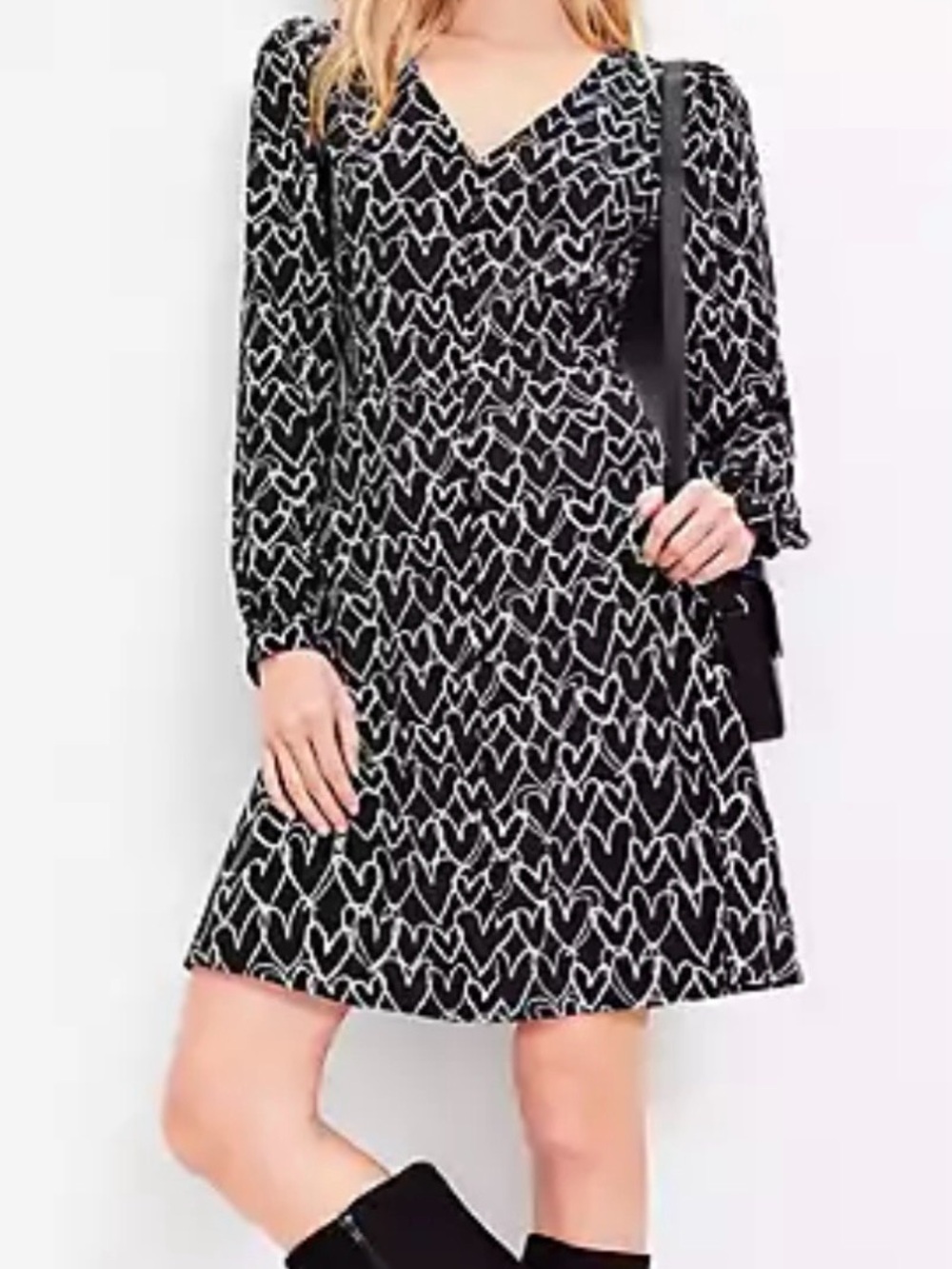 LOFT Black Dress with White Heart Print, Long Sleeve V-Neck